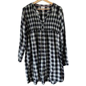 Knox Rose XXL Plaid Button Front Shirt Dress Smocked Cotton Relaxed Pockets
